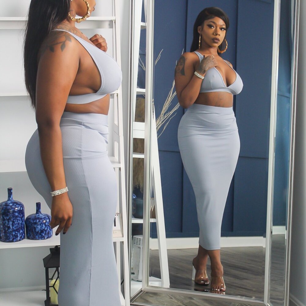 Grey Two Piece Midi Skirt Set | Stretch Crop Top & Bodycon Skirt Set